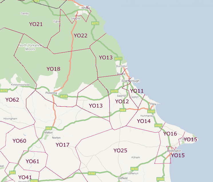Clickable map showing postcodes for Scarborough and the surrounding area